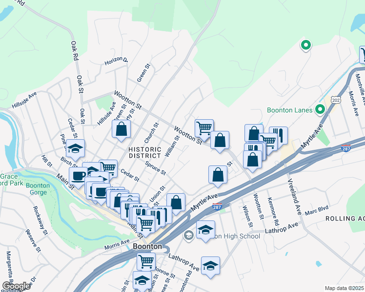 map of restaurants, bars, coffee shops, grocery stores, and more near 27 Hickory Lane in Boonton