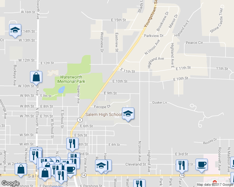 map of restaurants, bars, coffee shops, grocery stores, and more near 1123 East 9th Street in Salem