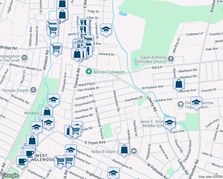 map of restaurants, bars, coffee shops, grocery stores, and more near 130 Van Arsdale Place in Teaneck