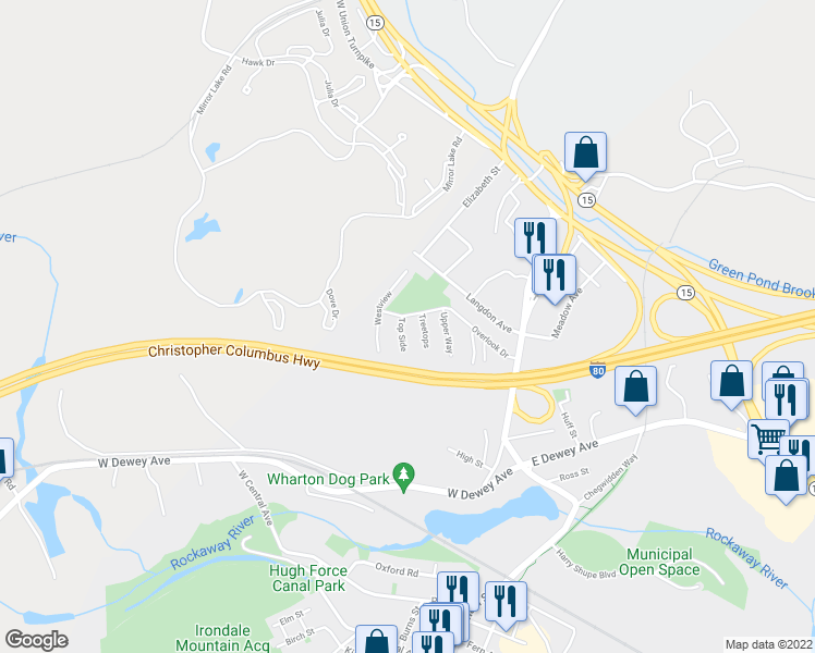 map of restaurants, bars, coffee shops, grocery stores, and more near 1485 Topside in Wharton