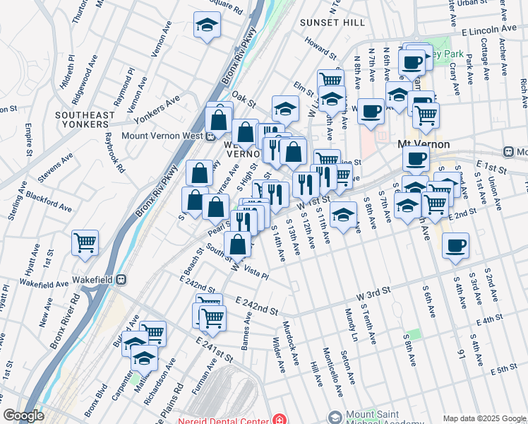 map of restaurants, bars, coffee shops, grocery stores, and more near 8 North 14th Avenue in Mount Vernon