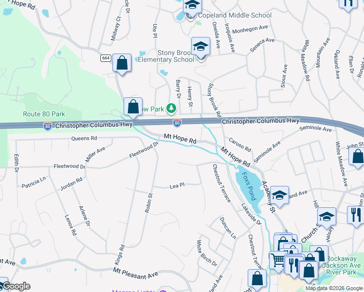 map of restaurants, bars, coffee shops, grocery stores, and more near 41 Mount Hope Road in Rockaway
