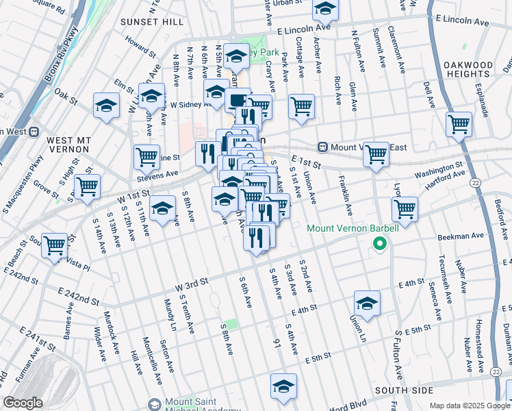 map of restaurants, bars, coffee shops, grocery stores, and more near 67 South 4th Avenue in Mount Vernon