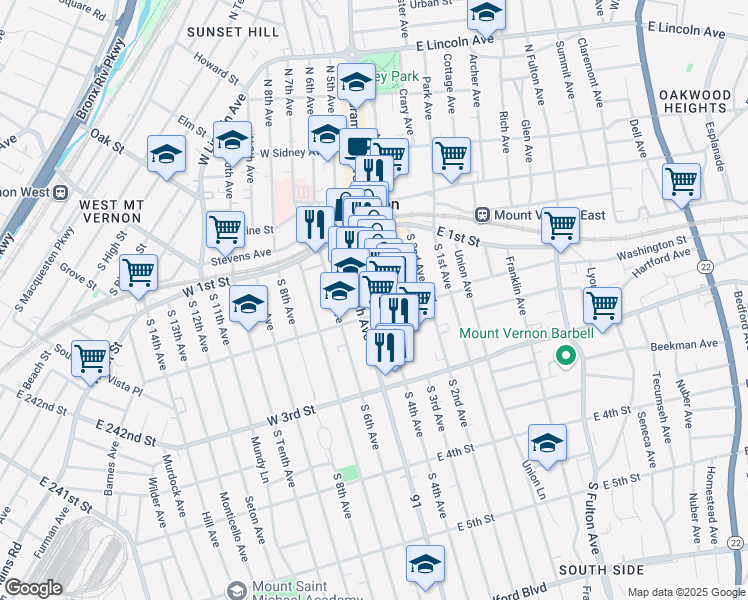map of restaurants, bars, coffee shops, grocery stores, and more near 67 South 4th Avenue in Mount Vernon