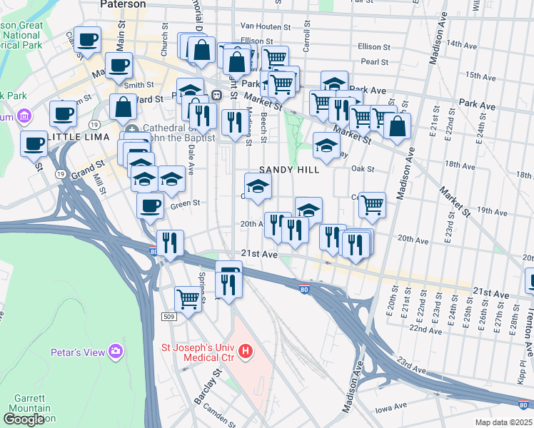 map of restaurants, bars, coffee shops, grocery stores, and more near 147 Beech Street in Paterson