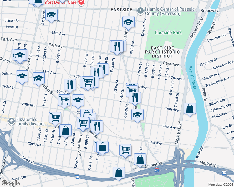 map of restaurants, bars, coffee shops, grocery stores, and more near 427 East 33rd Street in Paterson