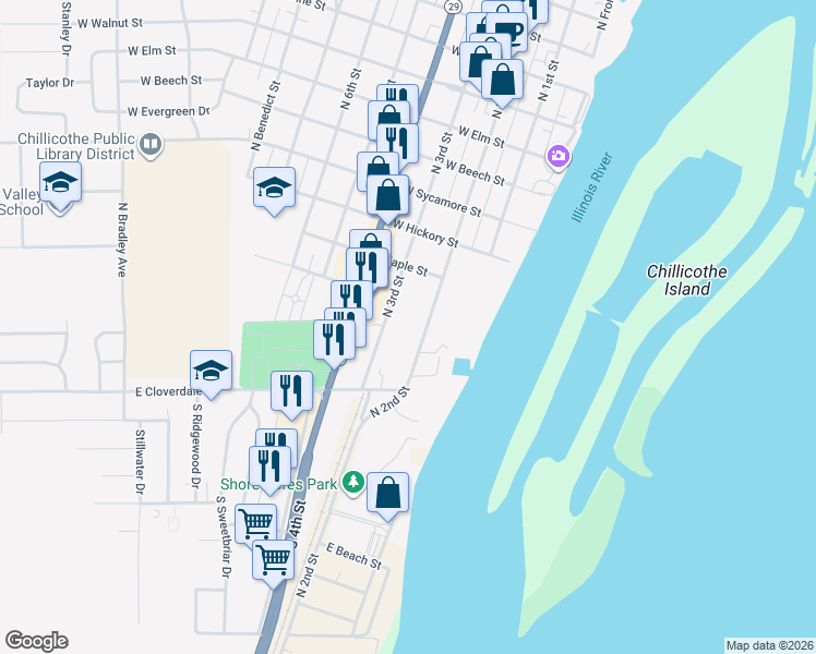 map of restaurants, bars, coffee shops, grocery stores, and more near 209 North 2nd Street in Chillicothe
