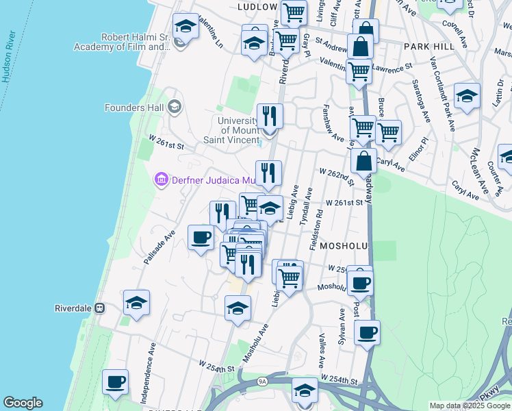 map of restaurants, bars, coffee shops, grocery stores, and more near 6035 Riverdale Avenue in The Bronx