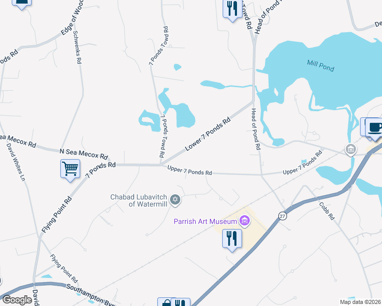map of restaurants, bars, coffee shops, grocery stores, and more near 27 Lower 7 Ponds Road in Water Mill
