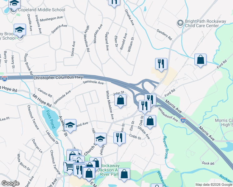map of restaurants, bars, coffee shops, grocery stores, and more near 16 John Street in Rockaway