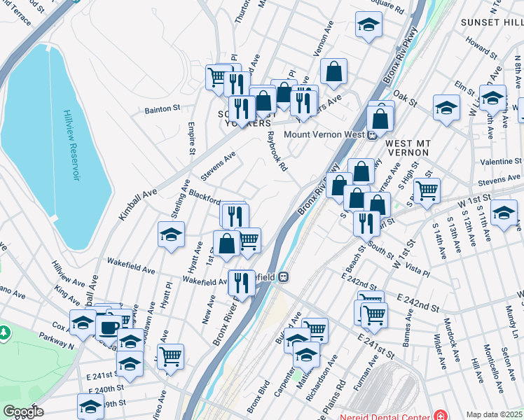 map of restaurants, bars, coffee shops, grocery stores, and more near 112 Hart Avenue in Yonkers