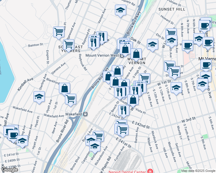 map of restaurants, bars, coffee shops, grocery stores, and more near 4612 Bradley Street in The Bronx