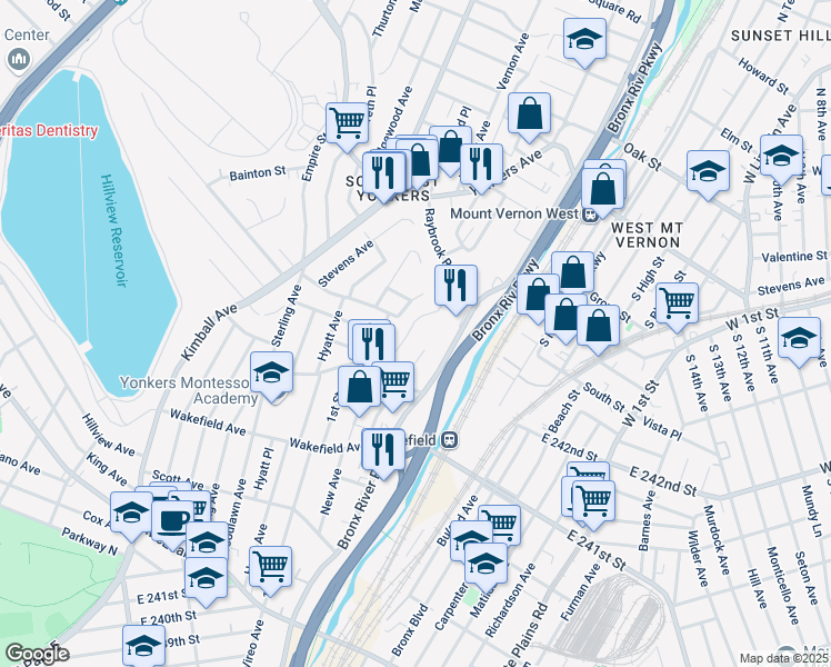 map of restaurants, bars, coffee shops, grocery stores, and more near 112 Hart Avenue in Yonkers