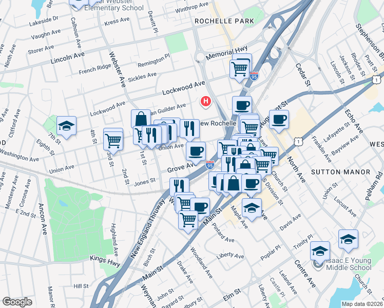 map of restaurants, bars, coffee shops, grocery stores, and more near 37 Warren Street in New Rochelle