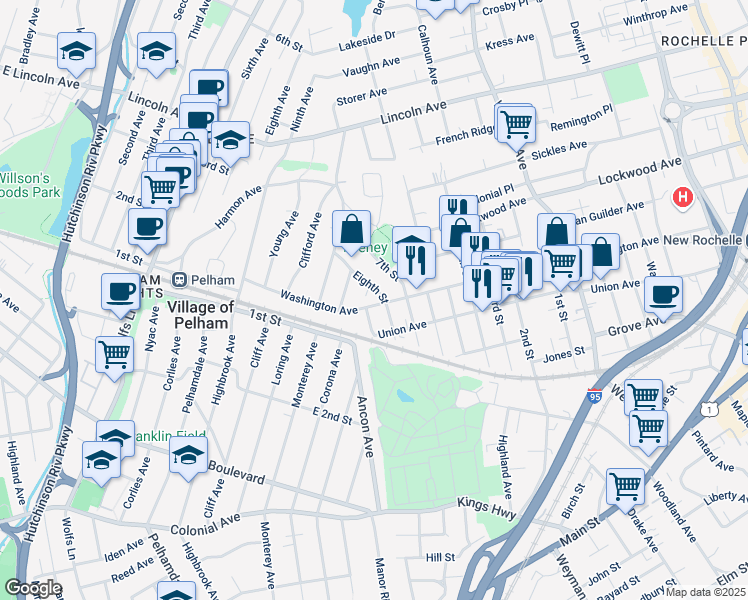 map of restaurants, bars, coffee shops, grocery stores, and more near 46 Eighth Street in New Rochelle