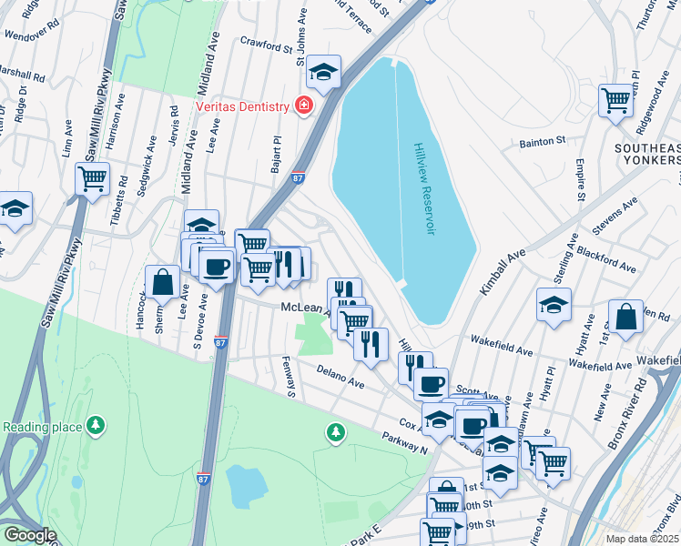 map of restaurants, bars, coffee shops, grocery stores, and more near 39 McCollum Place in Yonkers