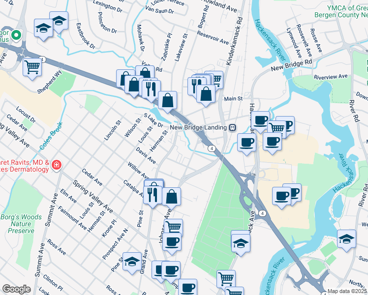 map of restaurants, bars, coffee shops, grocery stores, and more near 960 Main Street in Hackensack