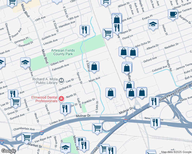 map of restaurants, bars, coffee shops, grocery stores, and more near 41 Main Avenue in Elmwood Park