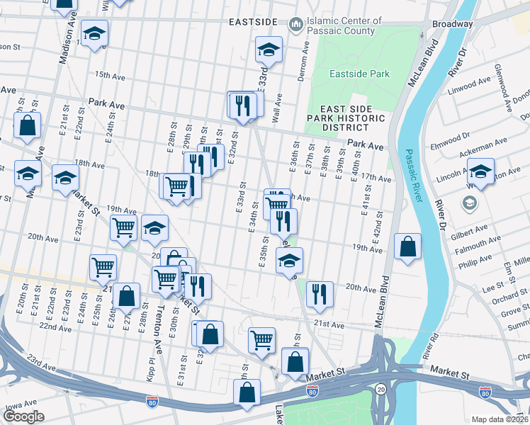 map of restaurants, bars, coffee shops, grocery stores, and more near 400 East 35th Street in Paterson