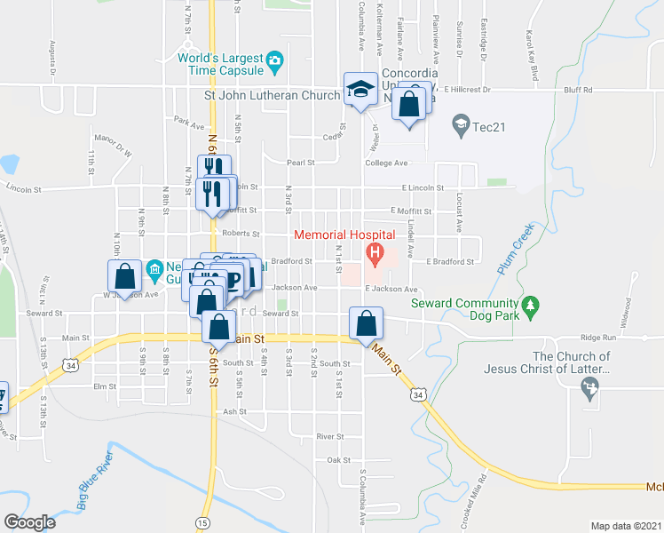 map of restaurants, bars, coffee shops, grocery stores, and more near 243 North 1st Street in Seward