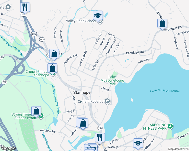 map of restaurants, bars, coffee shops, grocery stores, and more near 48 Brooklyn Road in Stanhope
