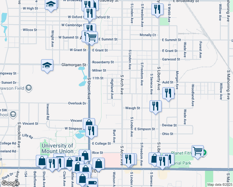 map of restaurants, bars, coffee shops, grocery stores, and more near 227 South Street in Alliance