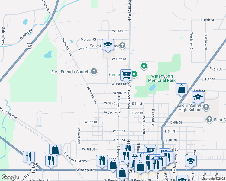 map of restaurants, bars, coffee shops, grocery stores, and more near 288 West 9th Street in Salem