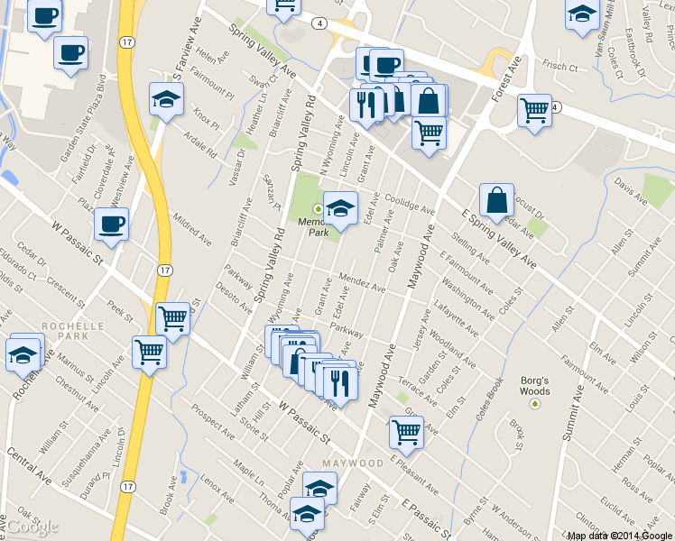 map of restaurants, bars, coffee shops, grocery stores, and more near 726 Grant Avenue in Maywood