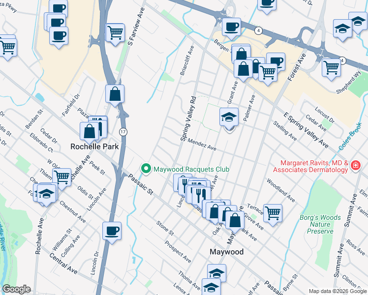 map of restaurants, bars, coffee shops, grocery stores, and more near 644 Spring Valley Road in Maywood