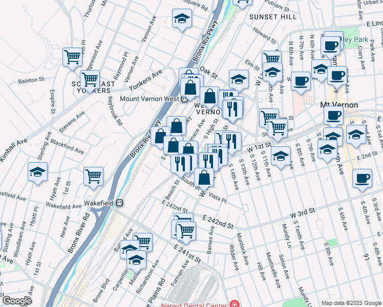 map of restaurants, bars, coffee shops, grocery stores, and more near 118 South High Street in Mount Vernon