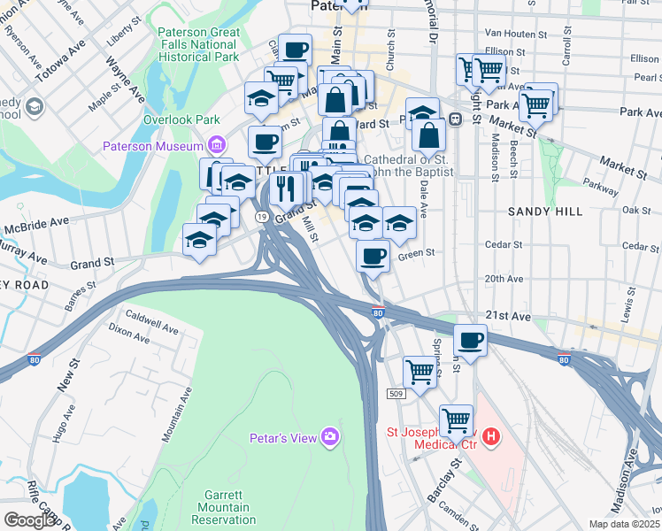 map of restaurants, bars, coffee shops, grocery stores, and more near 201 Mill Street in Paterson