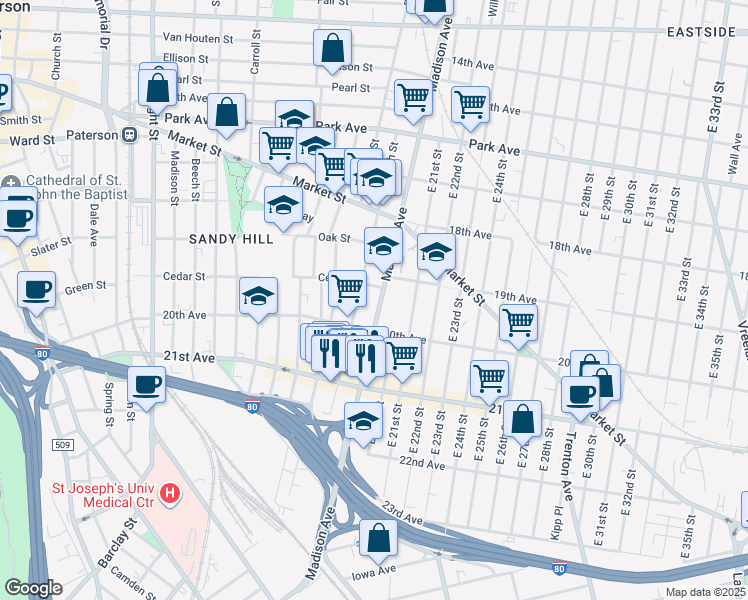 map of restaurants, bars, coffee shops, grocery stores, and more near 920 Madison Avenue in Paterson
