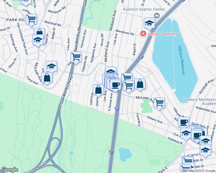 map of restaurants, bars, coffee shops, grocery stores, and more near 626 McLean Avenue in Yonkers
