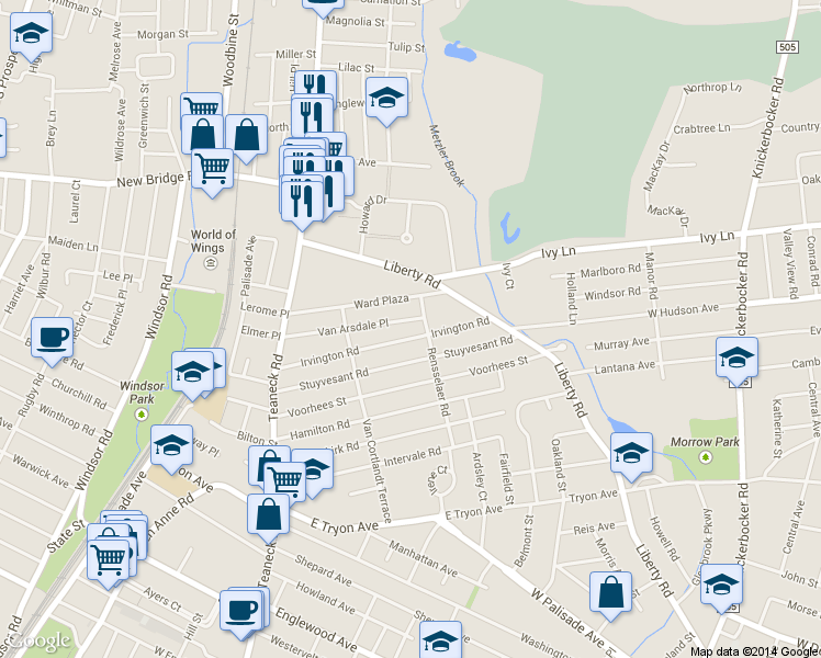 map of restaurants, bars, coffee shops, grocery stores, and more near 130 Van Arsdale Place in Teaneck