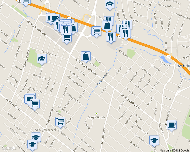 map of restaurants, bars, coffee shops, grocery stores, and more near 156 East Spring Valley Avenue in Maywood