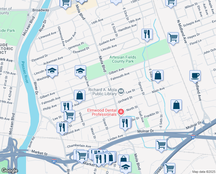 map of restaurants, bars, coffee shops, grocery stores, and more near 205 East Phillip Avenue in Elmwood Park