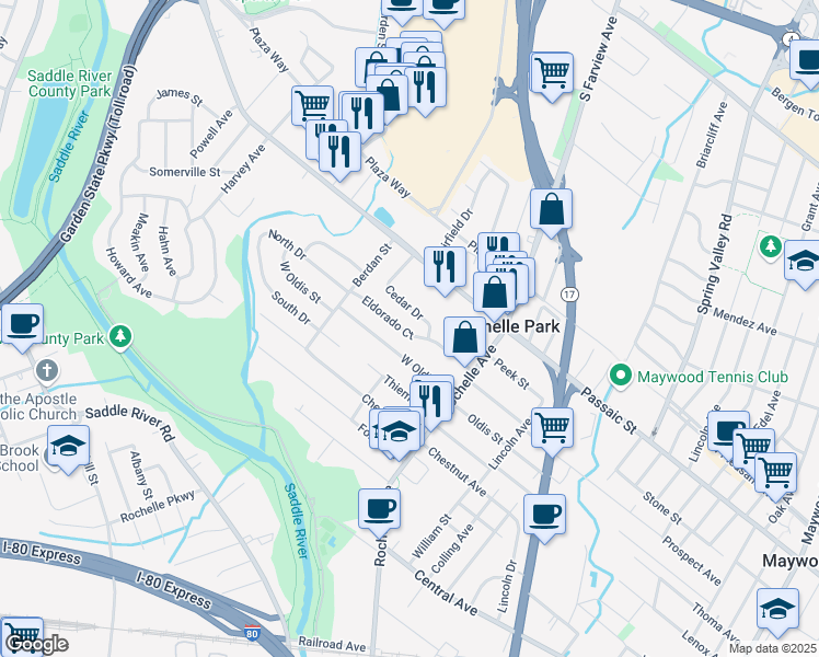 map of restaurants, bars, coffee shops, grocery stores, and more near 52 Eldorado Court in Rochelle Park