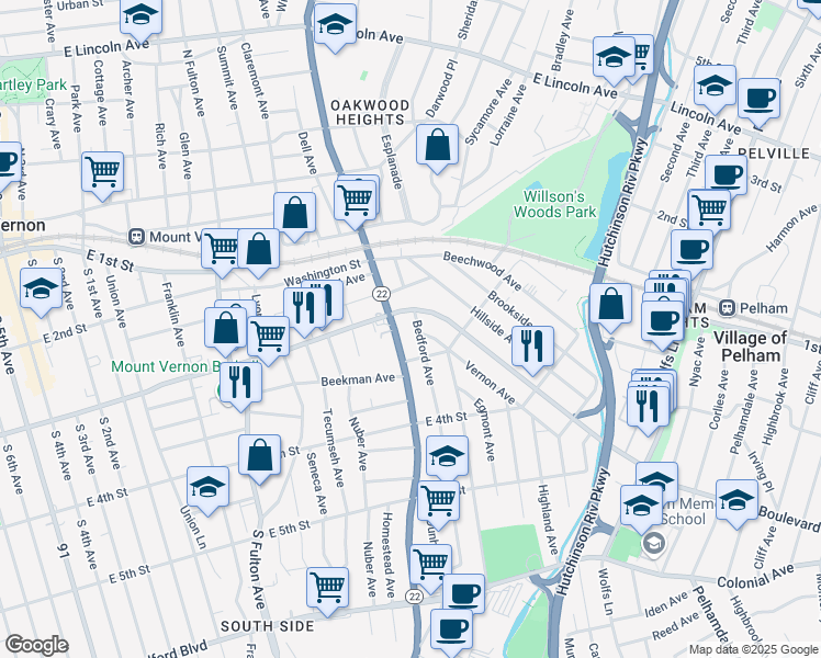 map of restaurants, bars, coffee shops, grocery stores, and more near 234 Bedford Avenue in Mount Vernon