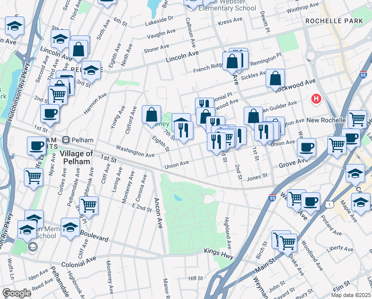 map of restaurants, bars, coffee shops, grocery stores, and more near 298 Washington Avenue in New Rochelle