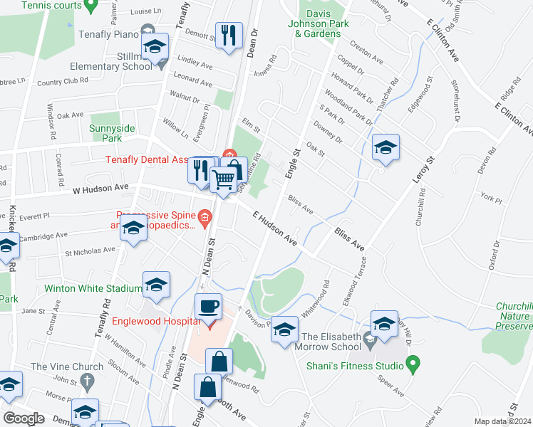 map of restaurants, bars, coffee shops, grocery stores, and more near 61 East Hudson Avenue in Englewood