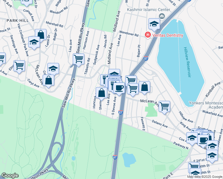 map of restaurants, bars, coffee shops, grocery stores, and more near 626 McLean Avenue in Yonkers