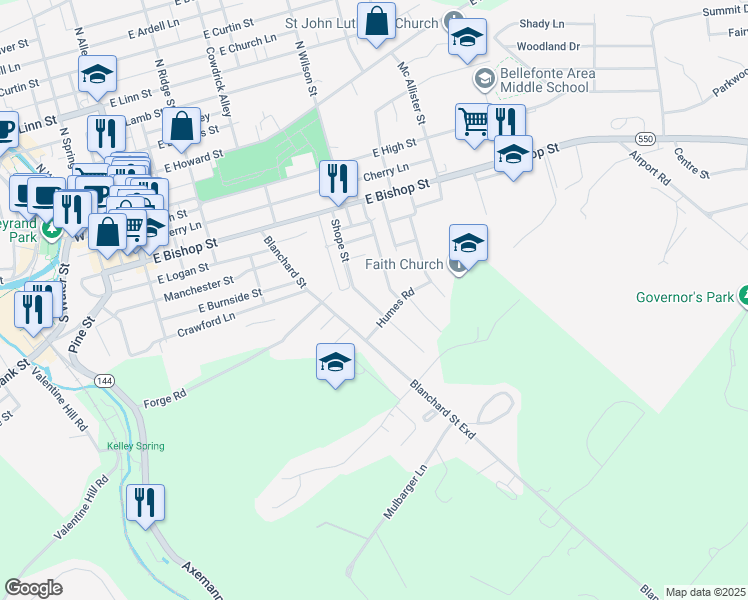 map of restaurants, bars, coffee shops, grocery stores, and more near 448 Shope Street in Bellefonte