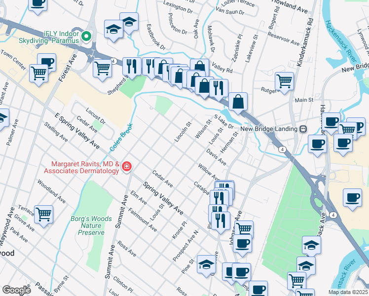 map of restaurants, bars, coffee shops, grocery stores, and more near 112 Willow Avenue in Hackensack