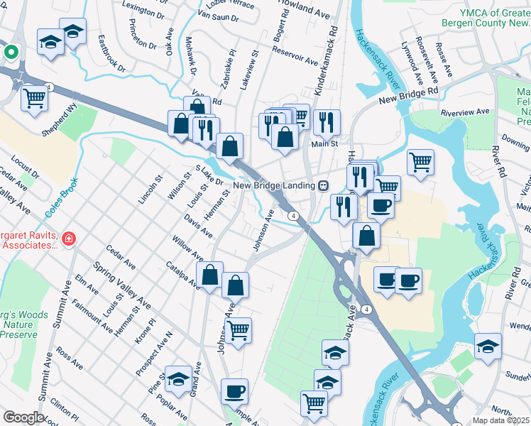 map of restaurants, bars, coffee shops, grocery stores, and more near 259 Johnson Avenue in River Edge