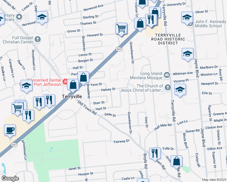 map of restaurants, bars, coffee shops, grocery stores, and more near 46 Halsey Street in Port Jefferson Station