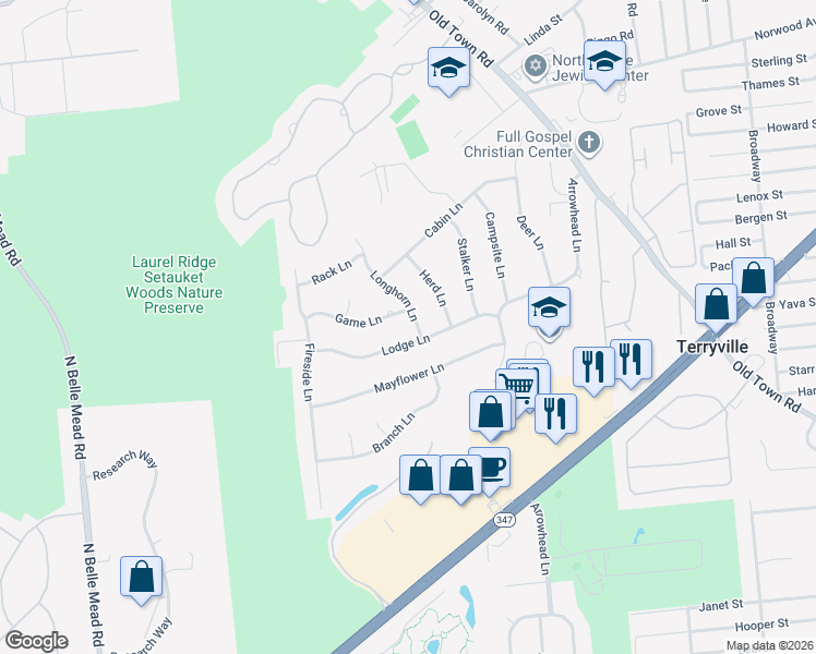 map of restaurants, bars, coffee shops, grocery stores, and more near 4 Longhorn Lane in Setauket- East Setauket