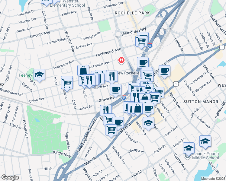 map of restaurants, bars, coffee shops, grocery stores, and more near 37 Warren Street in New Rochelle