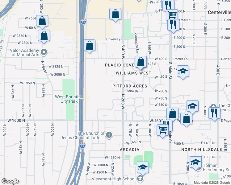 map of restaurants, bars, coffee shops, grocery stores, and more near 21 Pages Place Drive in Bountiful