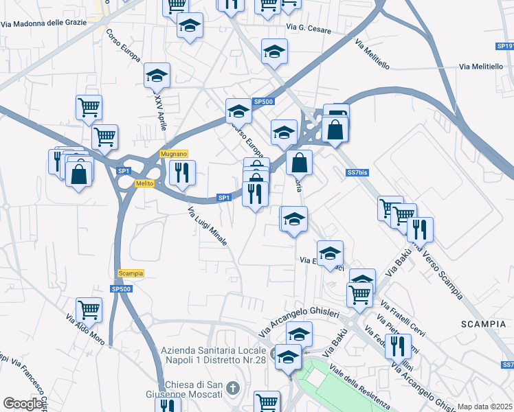 map of restaurants, bars, coffee shops, grocery stores, and more near 11 Via Campania in Melito di Napoli