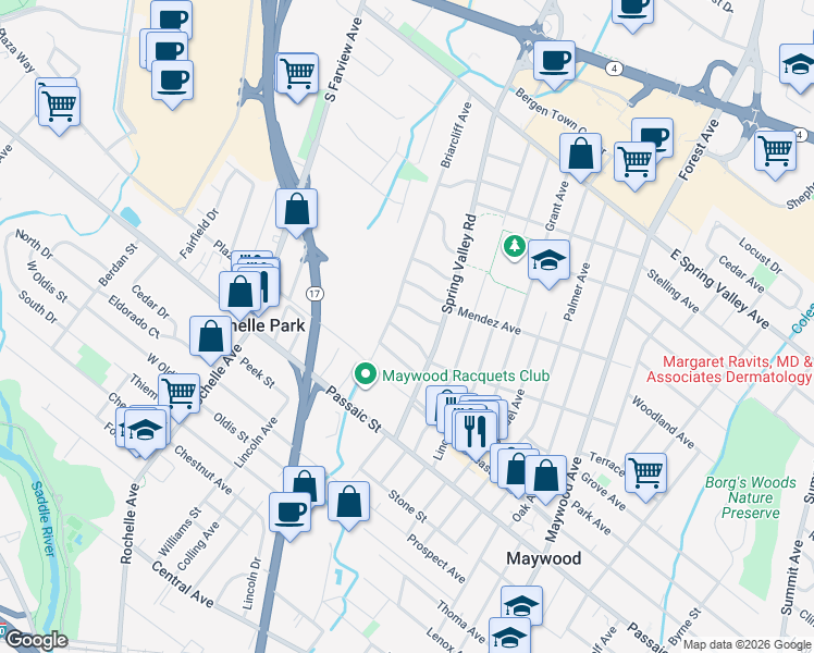 map of restaurants, bars, coffee shops, grocery stores, and more near 225 Parkway in Maywood
